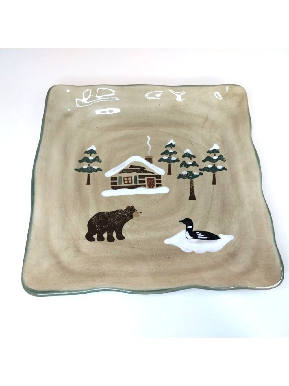 Sonoma Lodge Ceramic Square Serving Plate Cabin Bear Loon Trees  11"x11"